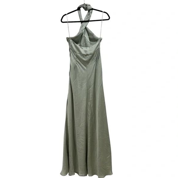 BHLDN- Ruby Twist Halter Satin Gown in moss green.